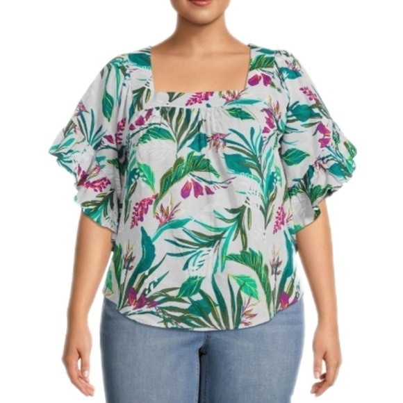 Terra & Sky lavender Floral Square Neckline Peasant Top 3X - Picture 1 of 10